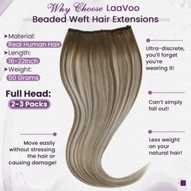 LaaVoo Microbead Real Hair Extensions Brown Blonde 45 cm Micro Weft Extensions Remy 12 Inch Width EZ Weft Real Hair Extension Light Brown Ombre Platinum Blonde Straight #8/60/8 50 g