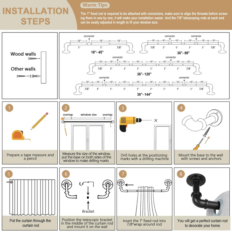 OLV 2 Pack Black Industrial Curtain Rods for Windows 48
