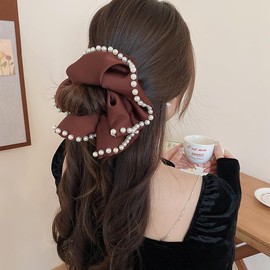 BERYUAN Pearl Satin Hair Scrunchies Large Size Hair Scrunchies Satin Hair Accessories for Women Satin Hair Ties for Thick Thin Hair Large Satin Silk Scrunchies for Women Girls (brown)