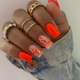 Orange Press on Nails Medium Square Fake Nails Press ons Full Cover False Nails with Design Gold Foil Sequins Glue on Nails Shiny Glossy Acrylic Nails Cute Artificial Nails for Women Manicure 24Pcs