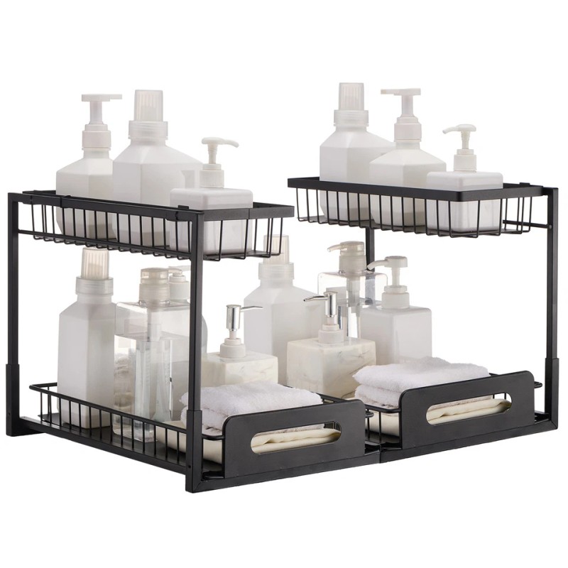 2 Tier Under Sink Organizer Sliding Storage Drawer Kitchen Bathroom