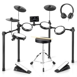Ktaxon Electronic Drum Set with Silent Mesh Drum Pads,Cymbals, Type-C Charging, USB MIDI, Intuitive Control Panel, Low-noise Pedal, Headphones, Sticks and Velcro, Electric Drum Set for Adults(Compact)