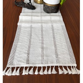 Lukche Boho Table Runner for Spring Home Decor Long Farmhouse Rustic Table Runner, Macrame Runner with Tassels for Dining Living Room Bedroom (Table Runner, 14x60 , Cream)