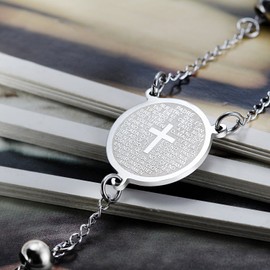 Flongo Men's Women's Vintage Stainless Steel Jesus Christ Crucifix Cross Rosary Silver Beads Pendant Necklace, 29 inch Chain
