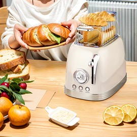 Wiltal Beige Cute Retro Toaster 2 Slice with 1.58" Wide Slots, Bread toaster with Cover and Warm Rack, Stainless Steel Toaster with Removable Crumb Tray, Preheat, Defrost, Cancel Function (Cream)