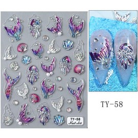 Summer Nail Stickers Laser Pearl Fish Tail Nail Decals 3D Self-Adhesive 5D Embossed Ocean Beach Colorful Shell Starfish Nail Designs for Women DIY Manicure 3 Sheets