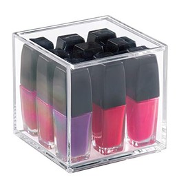 iDesign 39600 Make Up Organiser (10.2 x 10.2 x 10.2 cm), Medium Acrylic Storage Box With Lid, Lidded Bathroom Storage Box for Makeup and Accessories, Clear