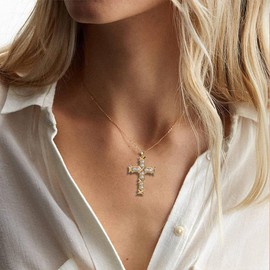FRHDJS 18K Gold Cross Necklace for Women, CZ Cross Pendant Necklace Gold Dainty Cross Pendant Necklace Cubic Zirconia Cross Necklace Gift for Mom (GOLD CZ)