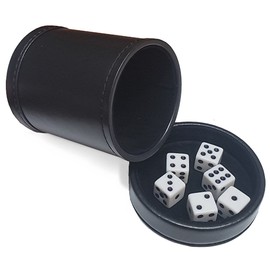 Black PU Leather Dice Cup, Black Premium Felt Lined with Removable Matching Lid Cover Tray, Plus (6) 16mm D6 White Dice Squared Corners