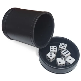 Black PU Leather Dice Cup, Black Premium Felt Lined with Removable Matching Lid Cover Tray, Plus (6) 16mm D6 White Dice Squared Corners