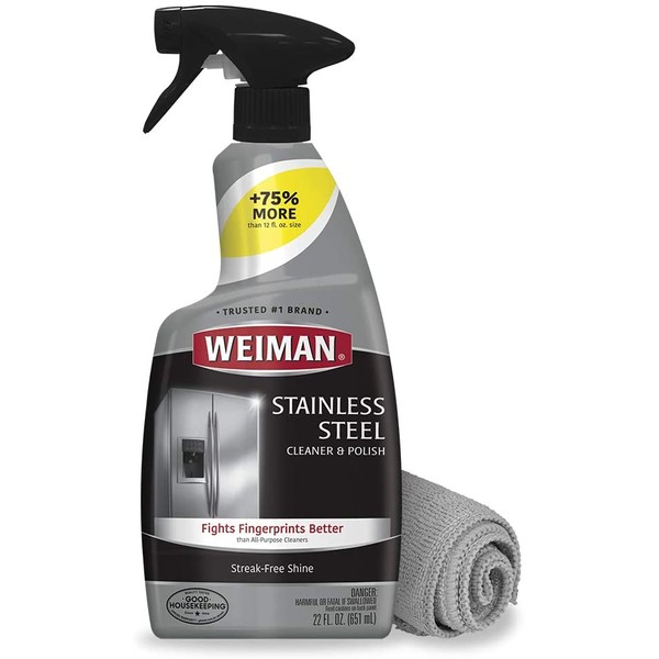 Weiman Stainless Steel Cleaner and Polish - Microfiber Cloth - Protects Appliances from Fingerprints and Leaves a Streak-Free Shine for Refrigerator | Dishwasher | Oven | Grill