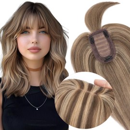Elailite Hair Topper Real Hair, Toupee Women's with Long Fringe, Clip-In Hairpiece, Hair Topper Base 7 x 13 cm, 30 cm, #4P27 Medium Brown/Honey Blonde