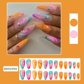 TBRZTR Press on Nails Medium Almond Shaped Colorful Gradient False Nails with Rhinestones Design Artificial Acrylic Nails Almond Stick on Nails Full Cover Coffin Nails Reusable Glue on Nails for Women
