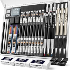 Nicpro Juego de 35 lápices mecánicos de arte, 3 lápices de dibujo de metal de 0.5 mm y 0.7 mm y 0.9 mm y 3 portaminillas de 2 mm (colores 6B 4B 2B HB 2H 4H) para dibujo y bocetos con estuche de 20