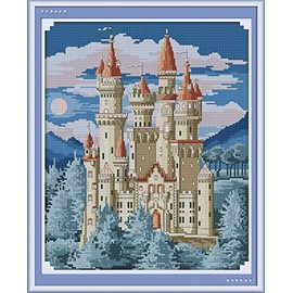 WOWDECOR Cross Stitch Embroidery Kits for Adults Kids, Castle Building Landscape 11CT Stamped DIY DMC Needlework Easy Beginners