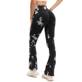 Shgiloo Women's Seamless Tie Dye Flare Yoga Leggings High Waisted Soft Tummy Control Scrunch Gym Workout Bootcut Yoga Pants Black