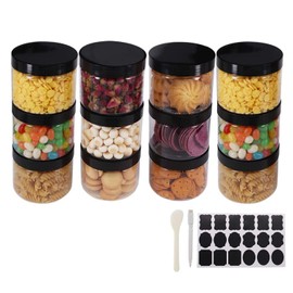 YBCPACK 12 Pack 8 OZ 250ML Round Clear Plastic Jars With Lids, A Spatula, A Pen & Labels - BPA Free PET Container for Cosmetics, Cream, Bathroom, Kitchen, Gifts & Travel Plastic Slime Storage Jars