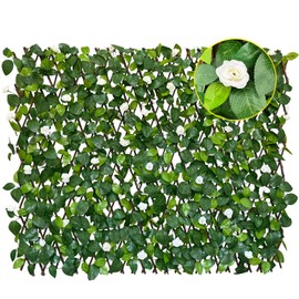 BYBAG Expandable Faux Ivy Fence Privacy Screen for Patio Outdoor Balcony Bedroom Decor,Artificial Leaf Wall Decoration Fencing Panel(Single Sided Leaves) (1, whiteflower)