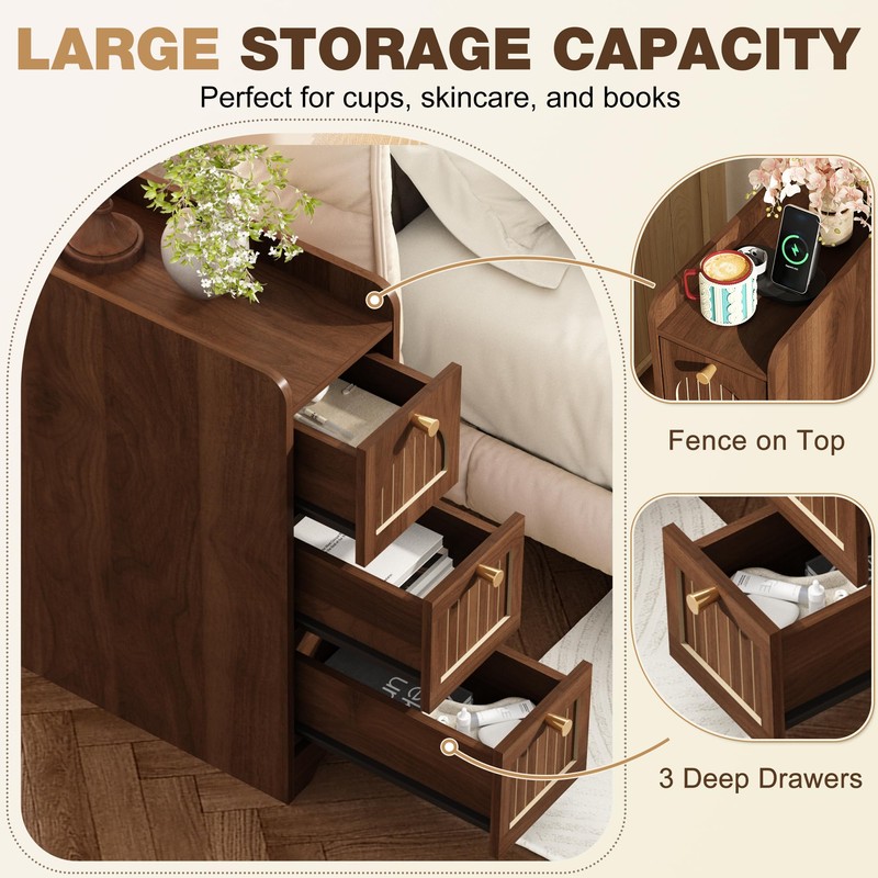 WINWY 7.87" Narrow Nightstand Set of 2, Fluted Slim Bedside