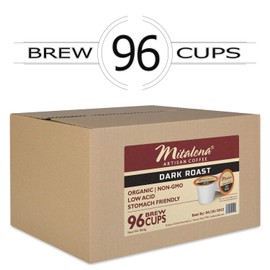 Mitalena - 96 ct. Dark Roast Organic Arabica Low Acid Coffee Brew Cups Compatible with 1.0 and 2.0 Single Serve Brewers