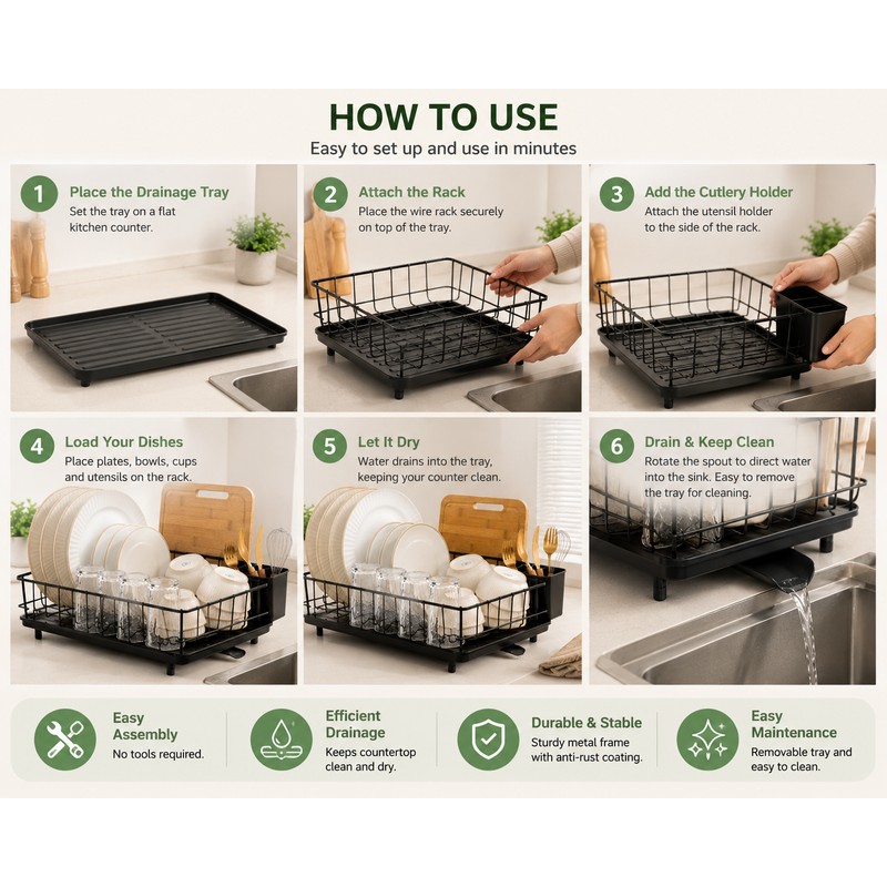 304 Stainless Steel Dish Drying Rack with 360° Rotating Drain