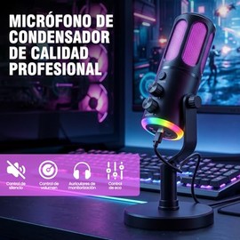 Micrófono PC Condensador USB, Microfono para Gamer, RGB, Reducción ENC