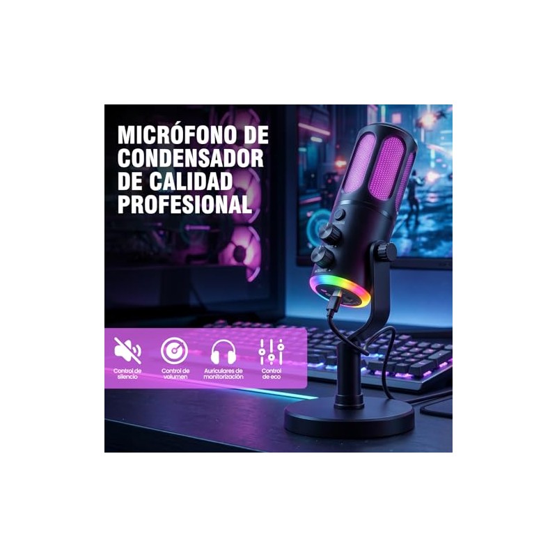 Micrófono PC Condensador USB, Microfono para Gamer, RGB, Reducción ENC