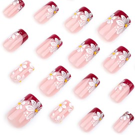 RikView Red Press on Nails Medium Fake Nails French Tips Nails Square Acrylic Nails with Flowers Design Glossy Full Cover Nails Nails for Women 24 PCs/Set
