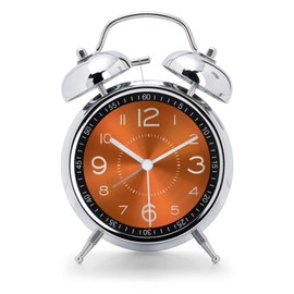 Lafocuse Double Bell Alarm Clock, Analogue, No Ticking, Metal Orange Alarm Clock with Large Dial, Silent Bedside Table Clock with Night Light for Bedroom, Office, 16 cm