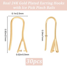 Beebeecraft 1 Box of 30 Earring Clasps with Clamping Eyelet, Real 24 Carat Gold-Plated Brass Ear Hooks with Pendant Clasp, French Earring Hooks, Underwire for Jewellery Making, Earrings, DIY