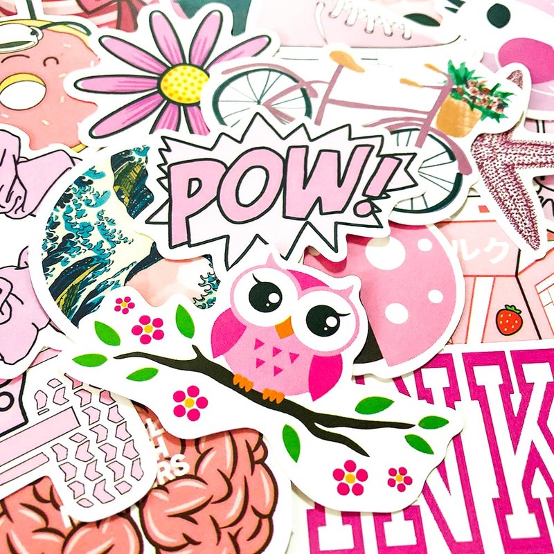 Cute Preppy Pink Stickers,50Pcs Waterproof Vinyl Aesthetic Girly Stickers for