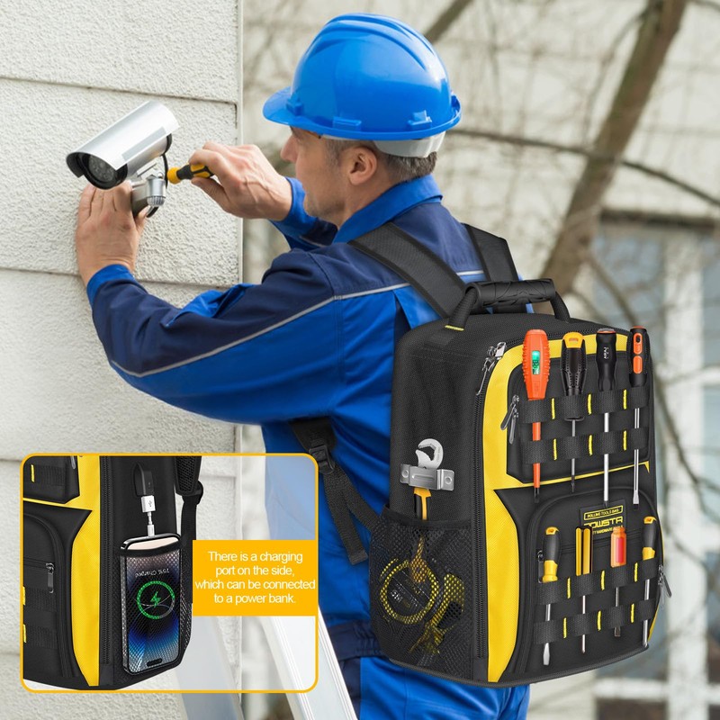 POWSTR 18 in Heavy-duty Tool Backpack with USB Port,Waterproof Electrician