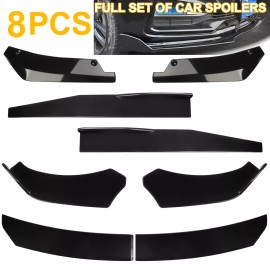 AIRKOUL 8PCS Glossy Black Front Bumper Spoiler Body Kit / Side Skirt /Rear Lip Universal