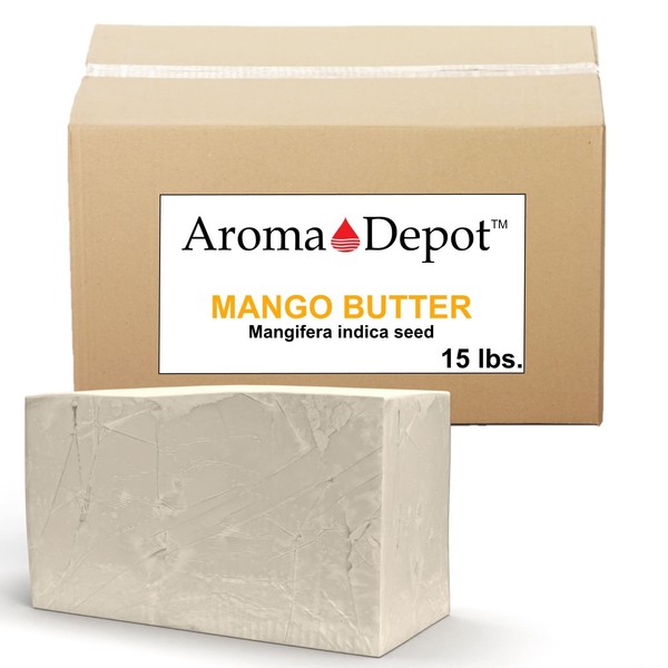 Aroma Depot 15 lb. Raw Mango Butter Unrefined 100% Natural Pure Great for Skin, Body, Hair Care. DYI Body Butter, Lotions, Creams Reduces Fine Lines, Wrinkles, used for eczema psoriasis (15 lbs.)