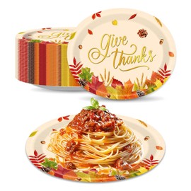 50Pcs Fall Thanksgiving Disposable Oval Paper Plates 10" x 12" Give Thanks Autumn Maple Leaves Heavy Duty Harvest Plates Thanksgiving Party Supplies