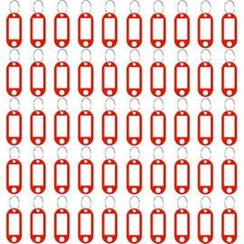 Key Tags with Split Ring, 50 Pack, of one Colour, Plastic ID Labels, 5 cm x 2.2 cm (50 Red)