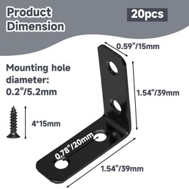 Luomorgo 20PCS L Bracket Corner Braces 1.5 Inch - Heavy Duty Metal Right Angle Brackets for Wood Furniture, Shelves, Cabinets & DIY with Screws (Black Coated)