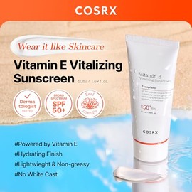 COSRX Vitamin E Sunscreen for Oily Skin SPF 50, Natural Glow Face Sunscreen, Lightweight, Non-Sticky, No White Cast, Hydrating, Beach Essentials, Summ