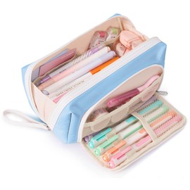Sooez Big Capacity Pencil Case, Extra Large Pencil Pouch with Zipper Pocket, Wide Opening Pencil Bag, Portable Stationery Organizer, Cute Aesthetic School Office Supplies for Teens Girls, Sky Blue