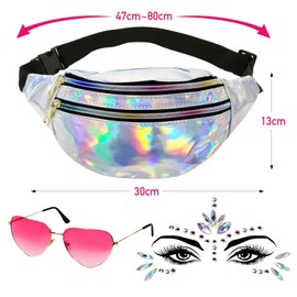 BOFUNX 90s Outfit Women's Metallic Bum Bag + Glitter Stones Face + Heart Glasses 90s Party Outfit for Hippie Neon Mallorca Carnival 90s Party Festival Outfit Accessories