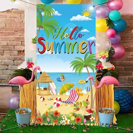KYMY Hello Summer Door Cover Banner, Summer Floral Tropical Hawaiian Backdrop Sign with 70.8"X35.4", Seaside Beach Supplies for Summer Party Decororations