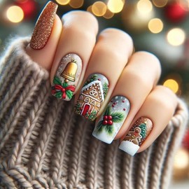 24Pcs Christmas Press on Nails Gingerbread Man Xmas Fake Nails Winter House Snowflake False Nails Full Cover Cute Gradient Stick on Nails Christmas Glue on Nails for Women Manicure Kit