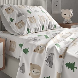 Kids Bear Twin Sheet Set - Cute 3 Piece Twin Bed Sheets For Kids - Deep Pocket Wrinkle Free - Woodland Animal Forest Sheets - Printed Kids Twin Size Sheets - Soft Twin Sheets - Toddlers, Boys, Girls