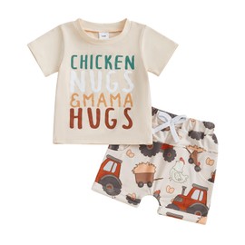 Omkzanbi Baby Boy Farm Outfit Chicken Nugs Mama Hugs Funny Shirt Tractor Chick Casual Jogger Shorts Toddler Summer Clothes (Beige, 6-12 Months)