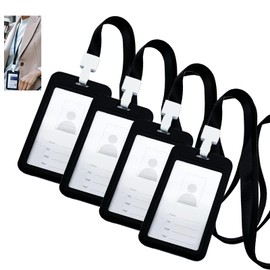 4 Pack Hard Plastic Vertical Badge Holders, Sliding ID Badge Holder, Slide Open ID Card Case Protector Business Badge Card Holder with Clear Window, with Detachable Neck Lanyard Strap