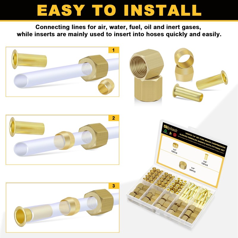 Siptenk 180PCS 1/4" Brass Compression Fittings Sleeves Ferrules Inserts Nuts