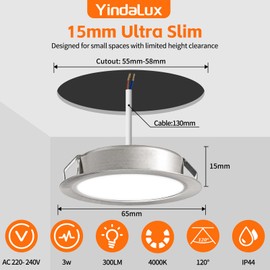 YindaLux Set of 3 Recessed LED Spotlights 230 V 3 W 4000 K Neutral White, 15 mm Extra Flat Ceiling Spotlights 300LM Ceiling Cut Out 55-58 mm, IP44 Bathroom Spotlights, Brushed Nickel