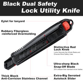 HAUTMEC 18mm Utility Knife, Heavy Duty Box Cutter with Double Lock Mechanism, SK2 Sharp Black Blade with 10pc Blade Set, Double Safety, for Industrial or Construction Applications HT0153-KN