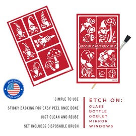 2 Glass Etching Stencils - Reusable Gnome Stencil for Home Decor, DIY Crafts, Window, Door - Self Stick Template Set with Brush