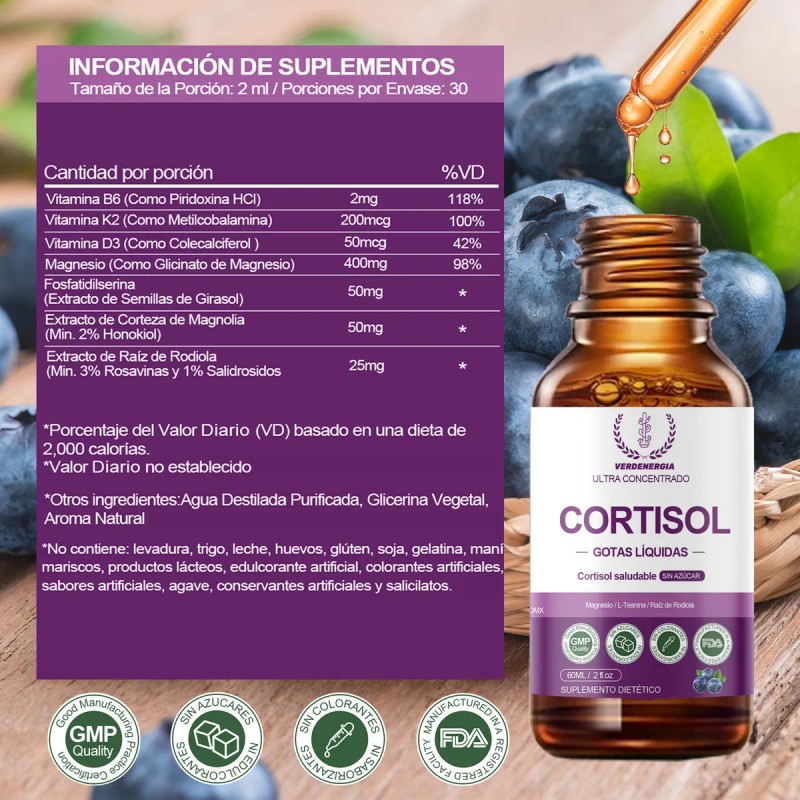 Gotas Cortisol Suplemento Para Ansiedad Y Estré Con L-teania Sabor